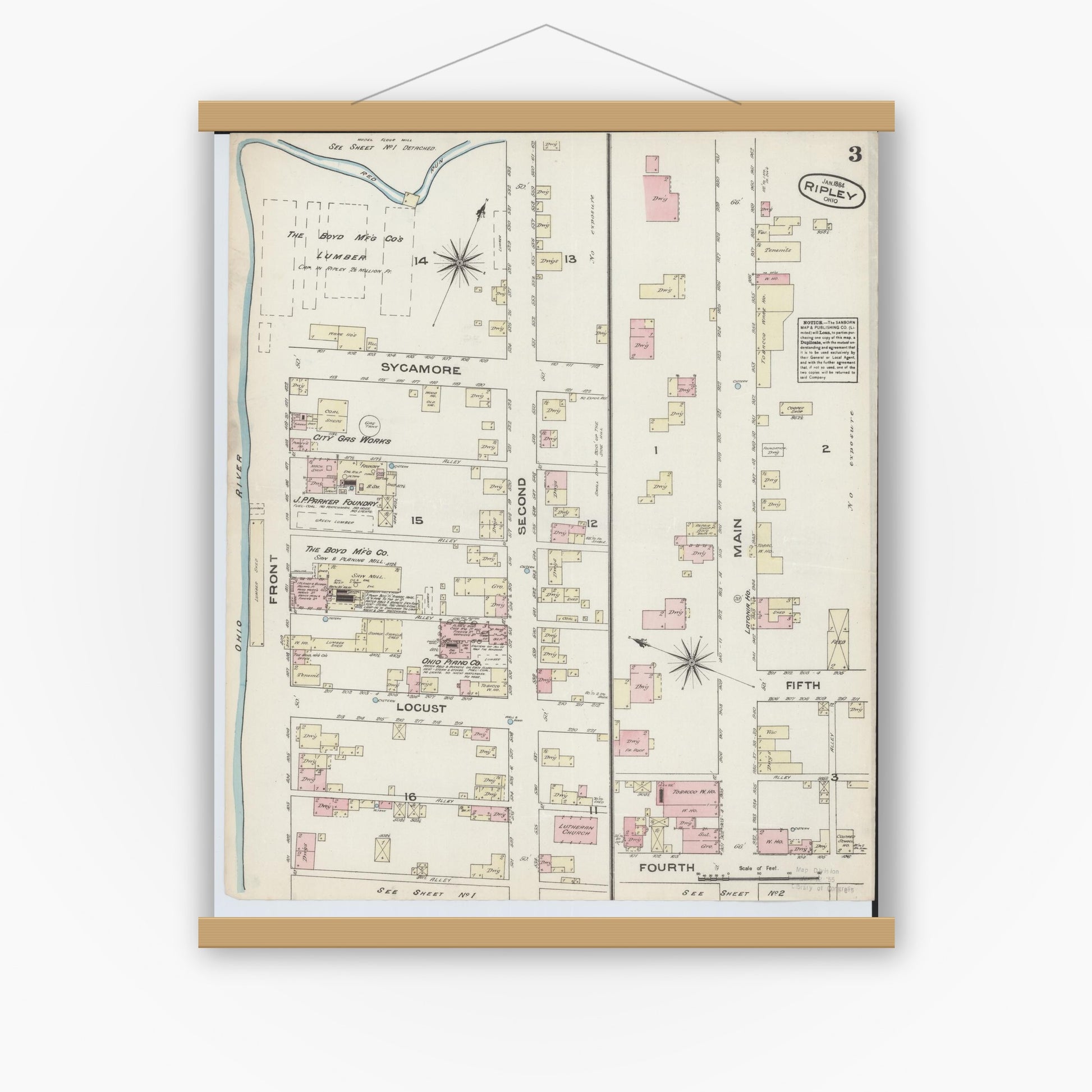 Old map wall art mockup — magnetic wood frame on white wall — Sanborn Fire Insurance Map from Ripley, Brown County, Ohio (1884), Sheet #0003