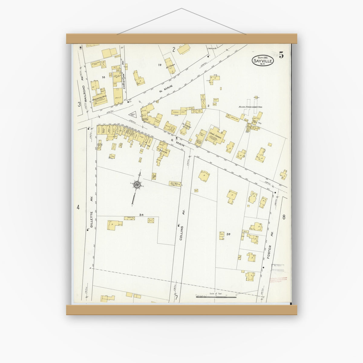 Old map wall art mockup — magnetic wood frame on white wall — Sanborn Fire Insurance Map from Sayville, Suffolk County, New York (1915), Sheet #0005