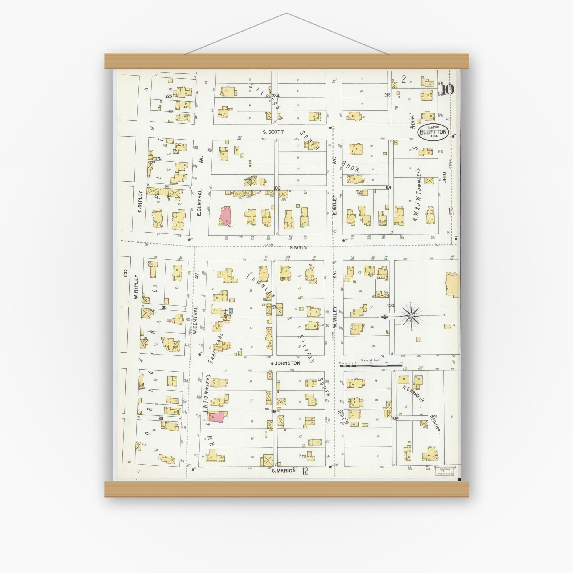Old map wall art mockup — magnetic wood frame on white wall — Sanborn Fire Insurance Map from Bluffton, Wells County, Indiana (1900), Sheet #0010