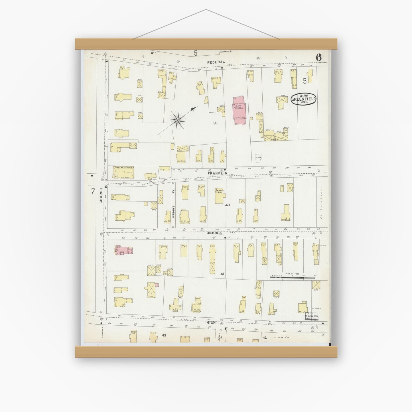 Old map wall art mockup — magnetic wood frame on white wall — Sanborn Fire Insurance Map from Greenfield, Franklin County, Massachusetts (1896), Sheet #0006