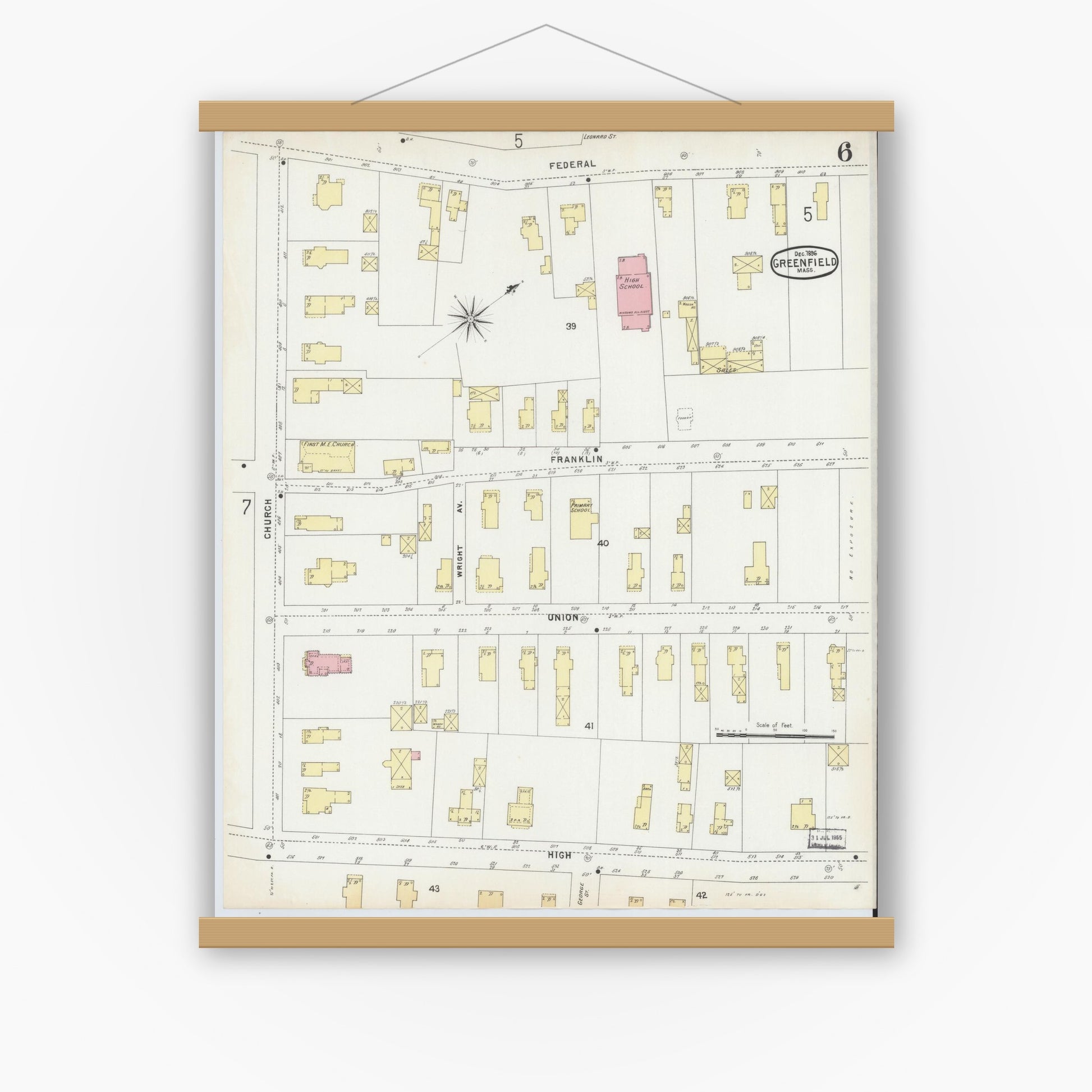 Old map wall art mockup — magnetic wood frame on white wall — Sanborn Fire Insurance Map from Greenfield, Franklin County, Massachusetts (1896), Sheet #0006