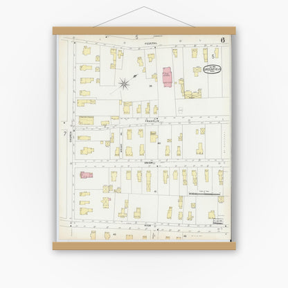 Old map wall art mockup — magnetic wood frame on white wall — Sanborn Fire Insurance Map from Greenfield, Franklin County, Massachusetts (1896), Sheet #0006