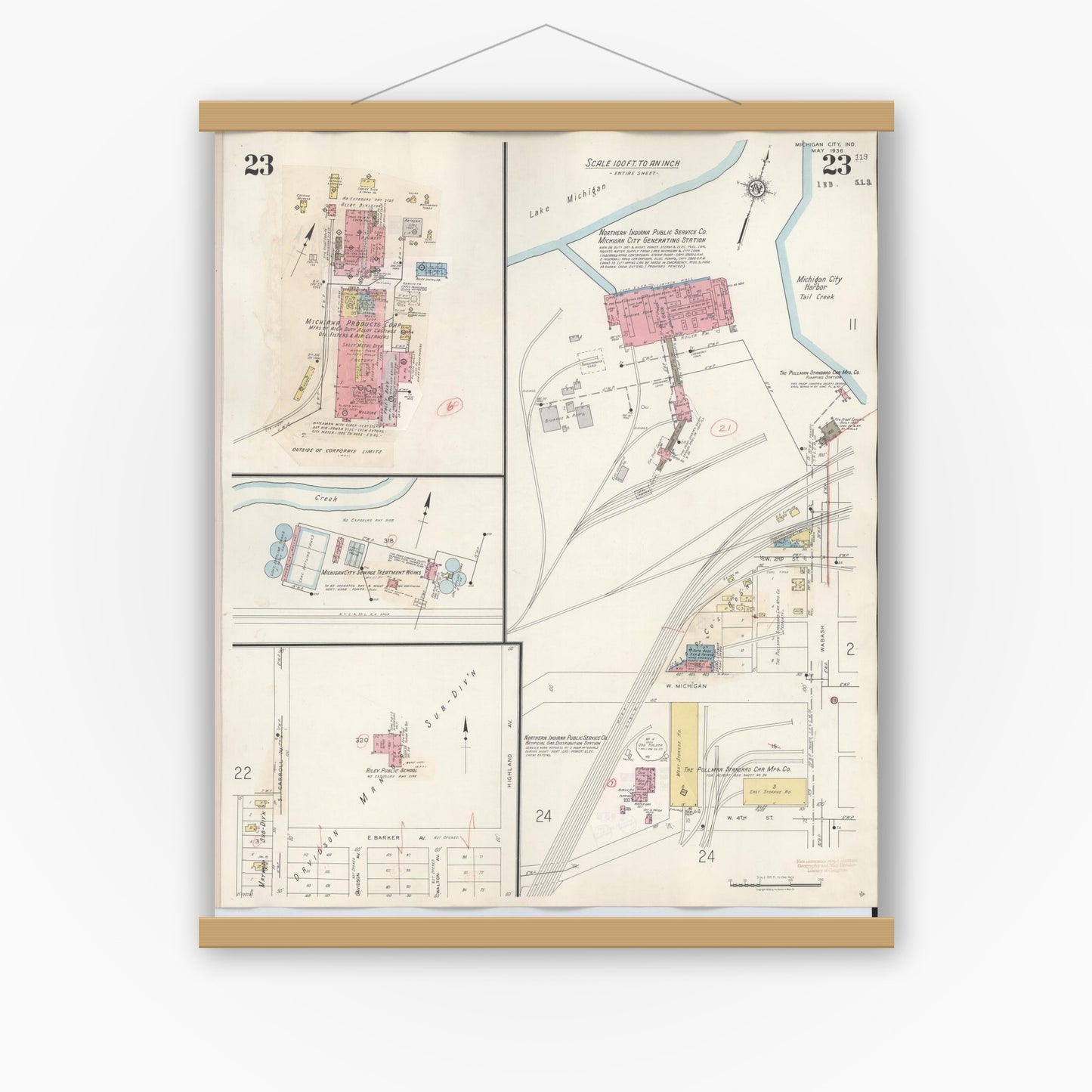 Old map wall art mockup — magnetic wood frame on white wall — Sanborn Fire Insurance Map from Michigan City, La Porte County, Indiana (1948), Sheet #0023