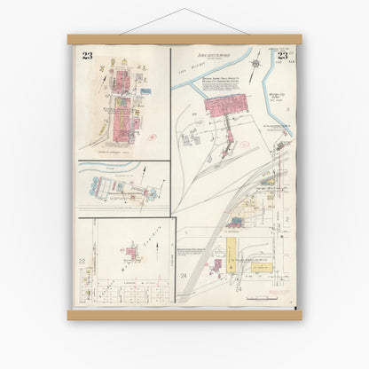 Old map wall art mockup — magnetic wood frame on white wall — Sanborn Fire Insurance Map from Michigan City, La Porte County, Indiana (1948), Sheet #0023