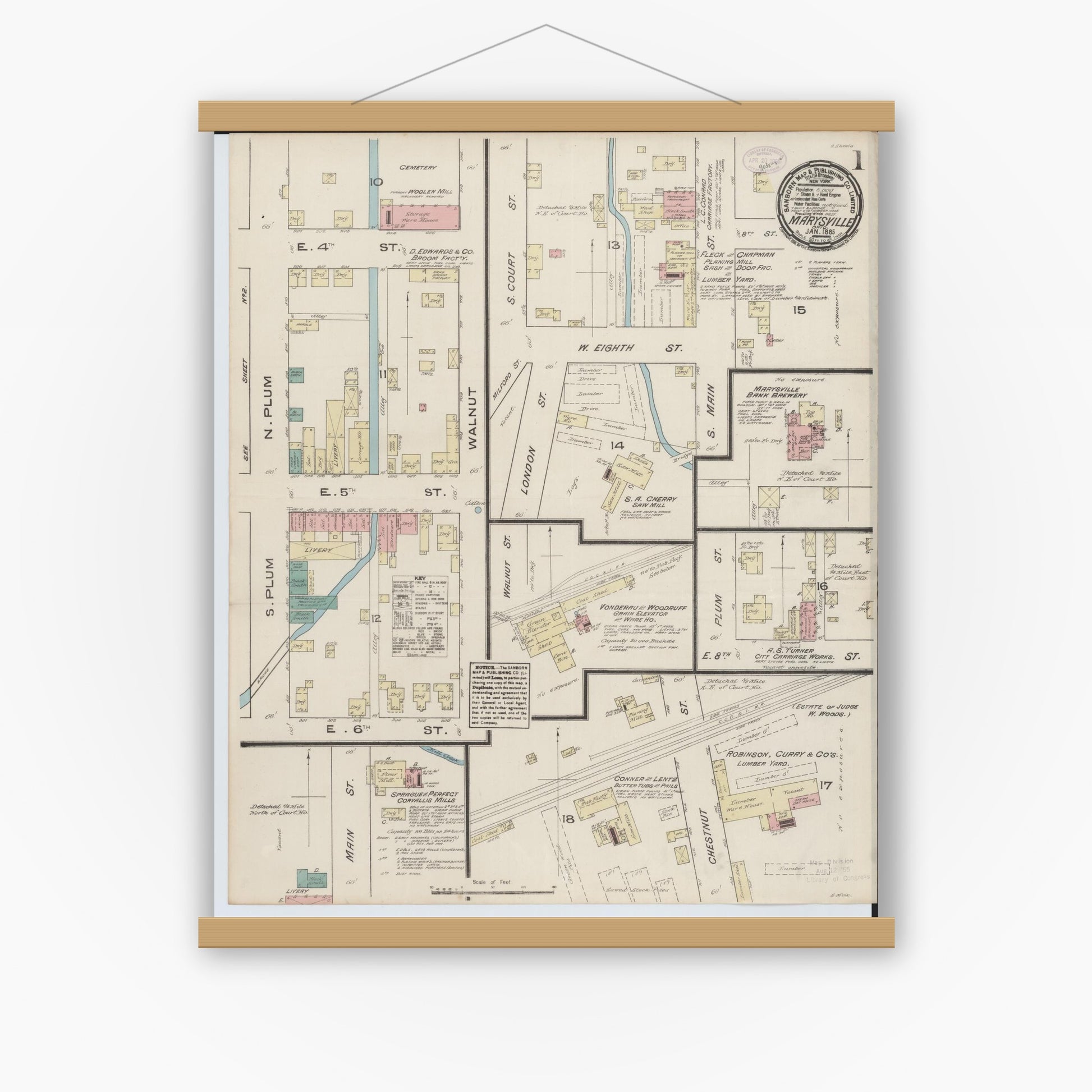 Old map wall art mockup — magnetic wood frame on white wall — Sanborn Fire Insurance Map from Marysville, Union County, Ohio (1885) - Complete Map Set