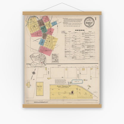 Old map wall art mockup — magnetic wood frame on white wall — Sanborn Fire Insurance Map from Kenedy, Karnes County, Texas (1922), Sheet #0001