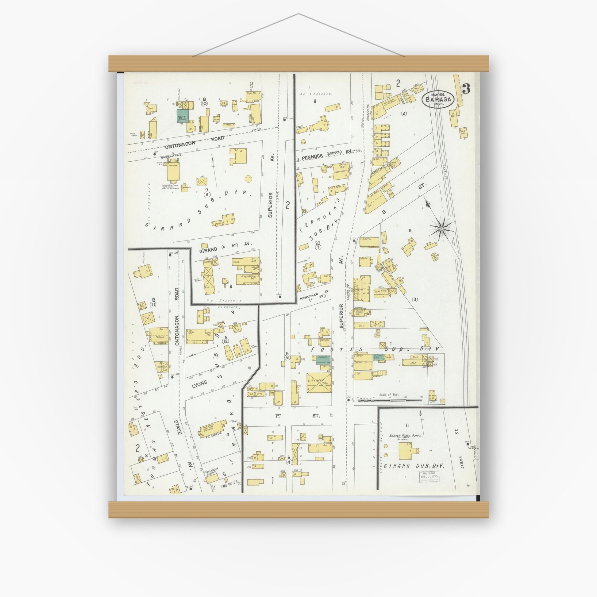 Old map wall art mockup — magnetic wood frame on white wall — Sanborn Fire Insurance Map from Baraga, Baraga County, Michigan (1902), Sheet #0003