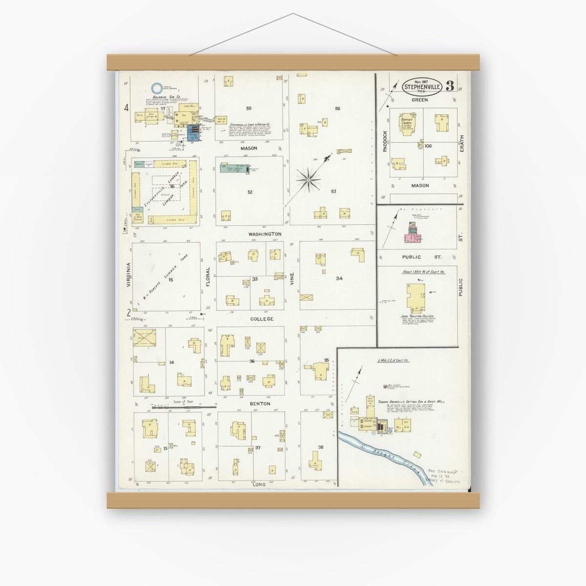 Old map wall art mockup — magnetic wood frame on white wall — Sanborn Fire Insurance Map from Stephenville, Erath County, Texas (1907), Sheet #0003