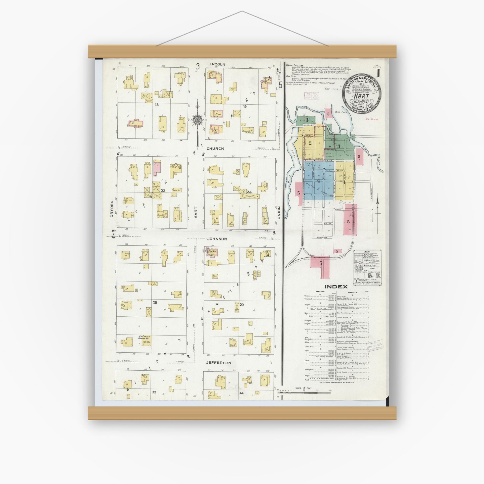 Old map wall art mockup — magnetic wood frame on white wall — Sanborn Fire Insurance Map from Hart, Oceana County, Michigan (1910) - Complete Map Set