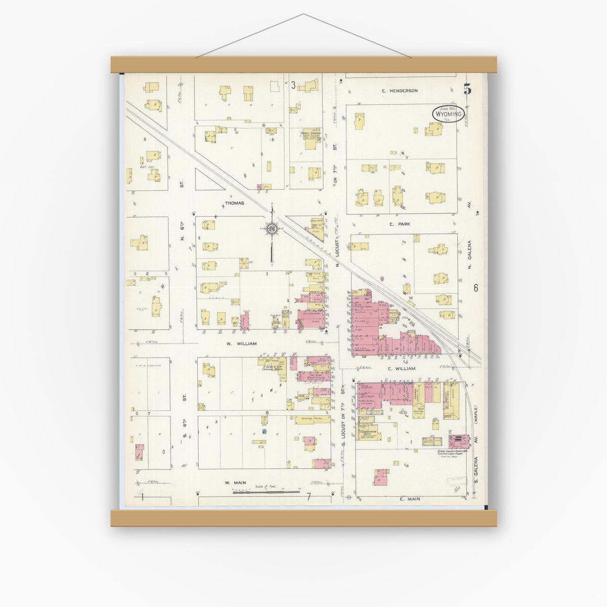 Old map wall art mockup — magnetic wood frame on white wall — Sanborn Fire Insurance Map from Wyoming, Stark County, Illinois (1913), Sheet #0005