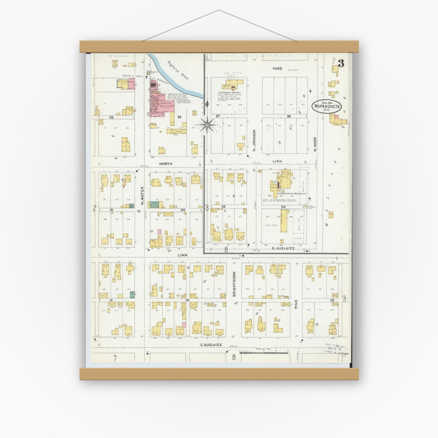 Old map wall art mockup — magnetic wood frame on white wall — Sanborn Fire Insurance Map from Wapakoneta, Auglaize County, Ohio (1904), Sheet #0003