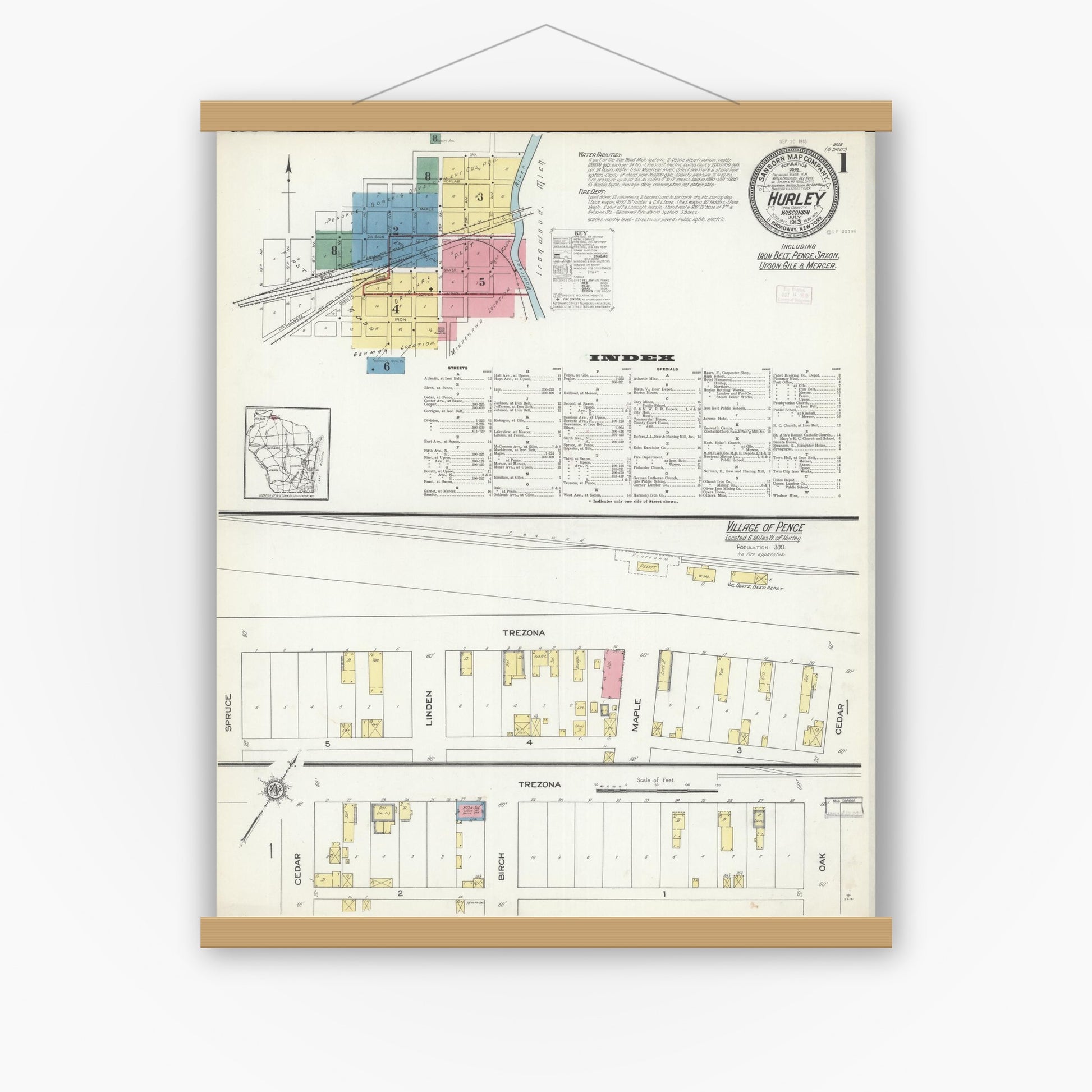 Old map wall art mockup — magnetic wood frame on white wall — Sanborn Fire Insurance Map from Hurley, Iron County, Wisconsin (1913), Sheet #0001