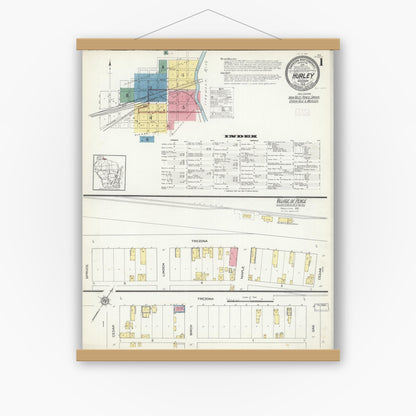 Old map wall art mockup — magnetic wood frame on white wall — Sanborn Fire Insurance Map from Hurley, Iron County, Wisconsin (1913), Sheet #0001