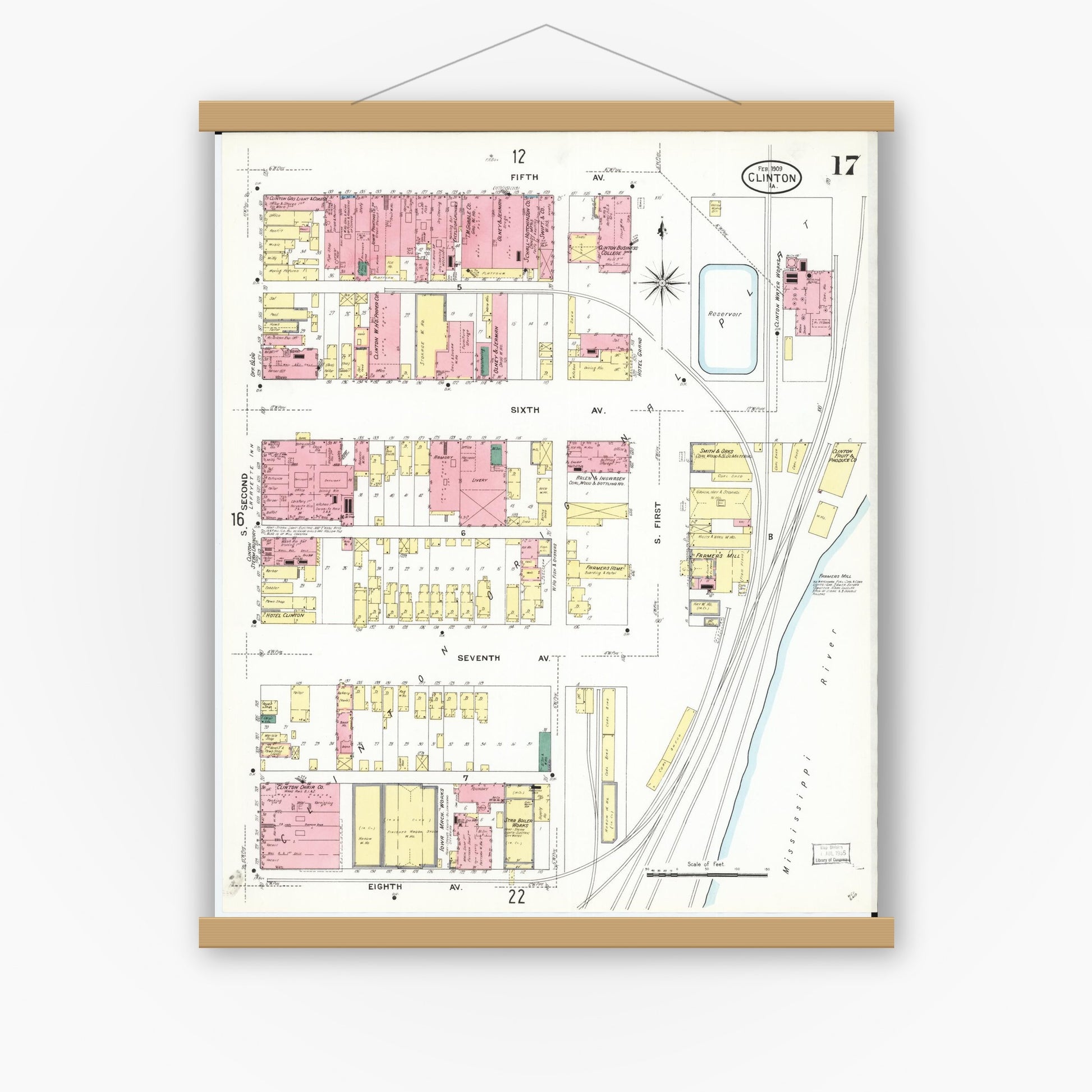 Old map wall art mockup — magnetic wood frame on white wall — Sanborn Fire Insurance Map from Clinton, Clinton County, Iowa (1909), Sheet #0017