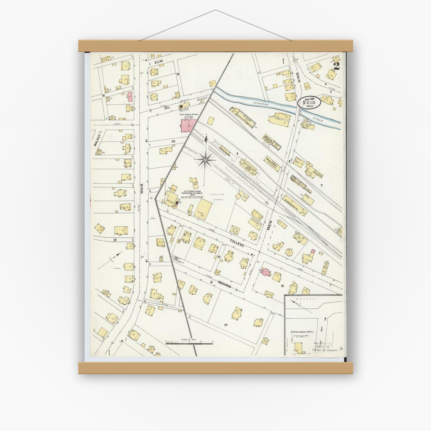 Old map wall art mockup — magnetic wood frame on white wall — Sanborn Fire Insurance Map from Scio, Harrison County, Ohio (1907), Sheet #0002