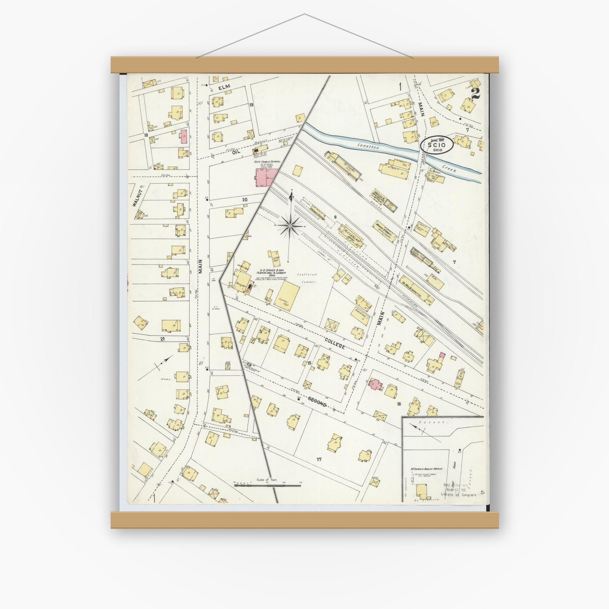 Old map wall art mockup — magnetic wood frame on white wall — Sanborn Fire Insurance Map from Scio, Harrison County, Ohio (1907), Sheet #0002