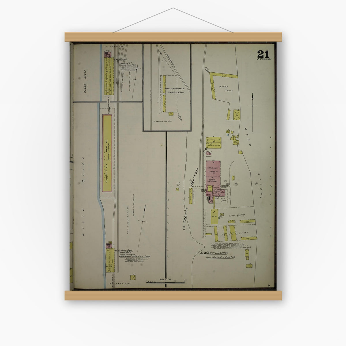Old map wall art mockup — magnetic wood frame on white wall — Sanborn Fire Insurance Map from La Crosse, La Crosse County, Wisconsin (1891), Sheet #0021
