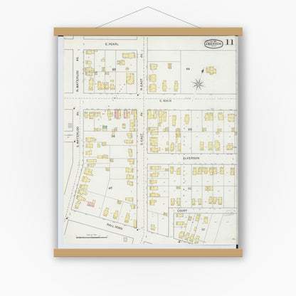 Old map wall art mockup — magnetic wood frame on white wall — Sanborn Fire Insurance Map from Jackson, Jackson County, Michigan (1893), Sheet #0011