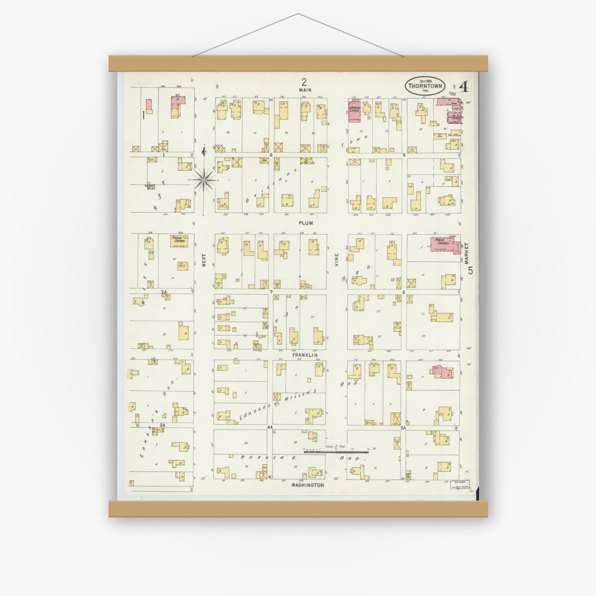 Old map wall art mockup — magnetic wood frame on white wall — Sanborn Fire Insurance Map from Thorntown, Boone County, Indiana (1898), Sheet #0004