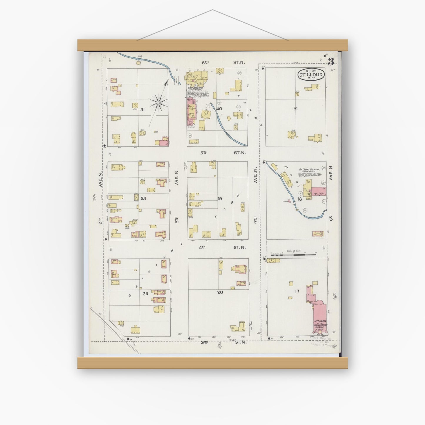 Old map wall art mockup — magnetic wood frame on white wall — Sanborn Fire Insurance Map from Saint Cloud, Stearns, Benton, and Sherburne Counties, Minnesota (1893), Sheet #0003