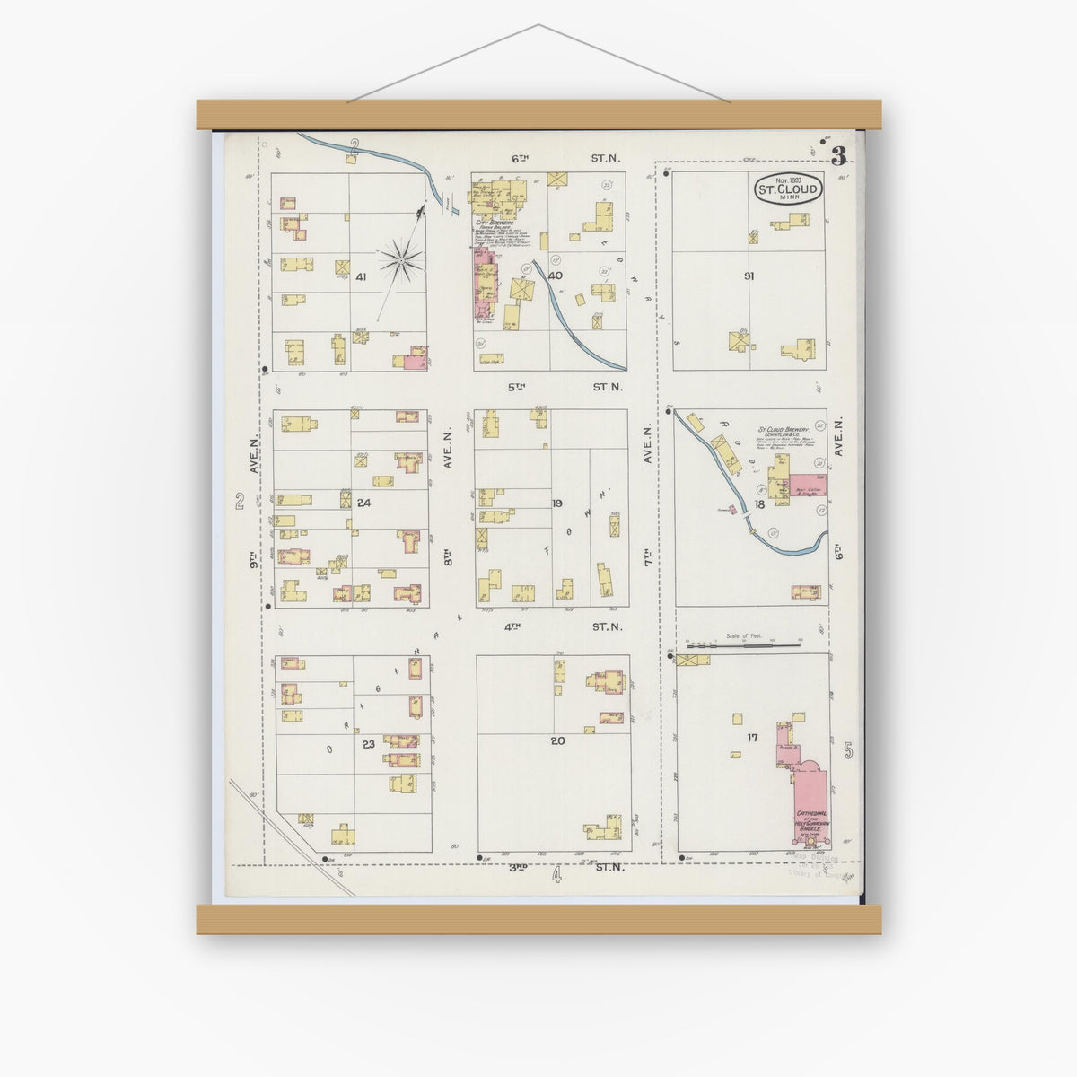 Old map wall art mockup — magnetic wood frame on white wall — Sanborn Fire Insurance Map from Saint Cloud, Stearns, Benton, and Sherburne Counties, Minnesota (1893), Sheet #0003