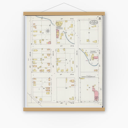 Old map wall art mockup — magnetic wood frame on white wall — Sanborn Fire Insurance Map from Saint Cloud, Stearns, Benton, and Sherburne Counties, Minnesota (1893), Sheet #0003