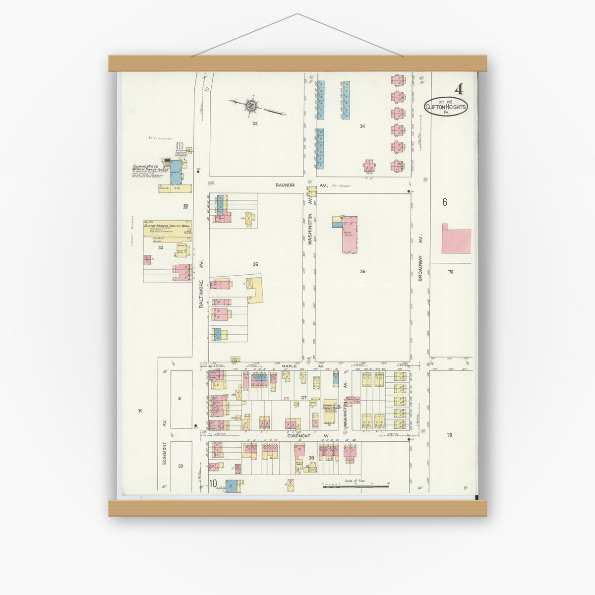 Old map wall art mockup — magnetic wood frame on white wall — Sanborn Fire Insurance Map from Clifton Heights, Delaware County, Pennsylvania (1912), Sheet #0004