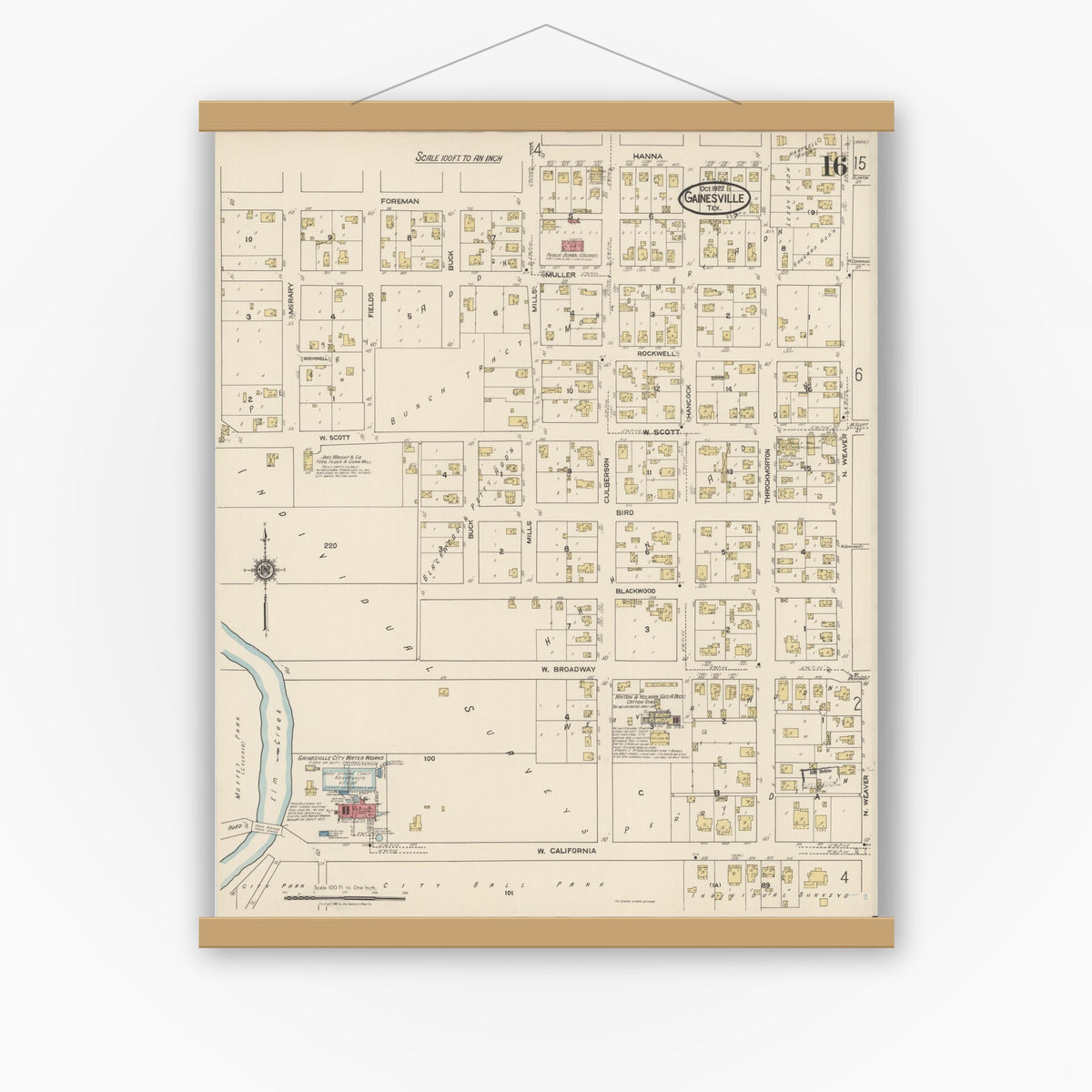 Old map wall art mockup — magnetic wood frame on white wall — Sanborn Fire Insurance Map from Gainesville, Cooke County, Texas (1922), Sheet #0016