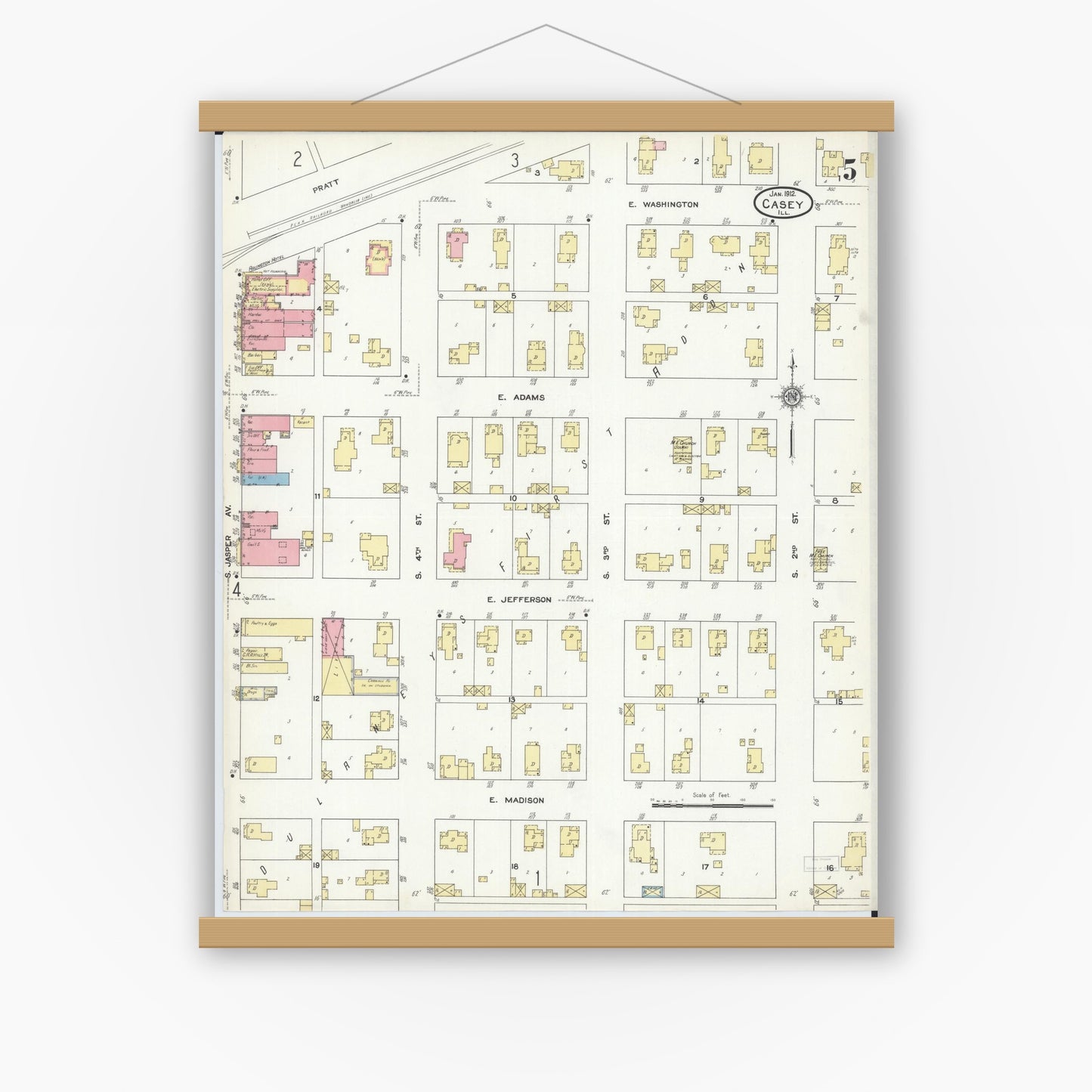 Old map wall art mockup — magnetic wood frame on white wall — Sanborn Fire Insurance Map from Casey, Clark County, Illinois (1912), Sheet #0005