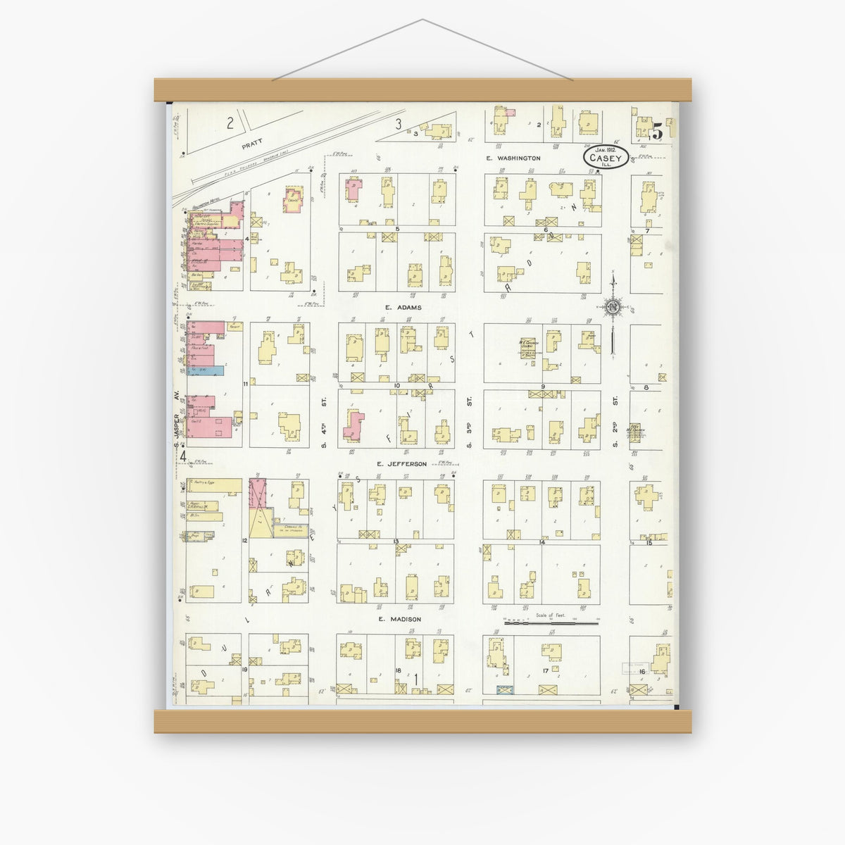 Old map wall art mockup — magnetic wood frame on white wall — Sanborn Fire Insurance Map from Casey, Clark County, Illinois (1912), Sheet #0005