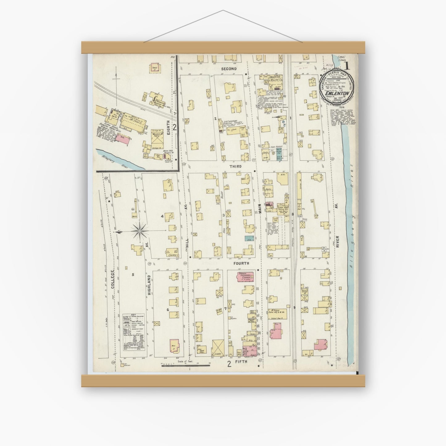Old map wall art mockup — magnetic wood frame on white wall — Sanborn Fire Insurance Map from Emlenton, Venango County, Pennsylvania (1897), Sheet #0001