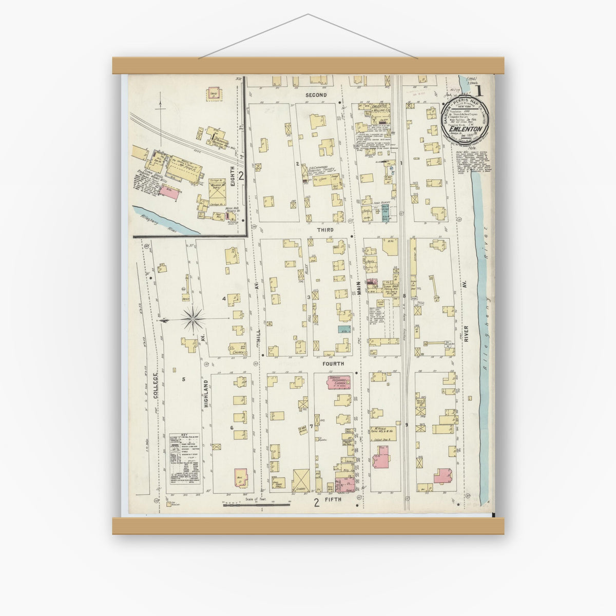 Old map wall art mockup — magnetic wood frame on white wall — Sanborn Fire Insurance Map from Emlenton, Venango County, Pennsylvania (1897), Sheet #0001