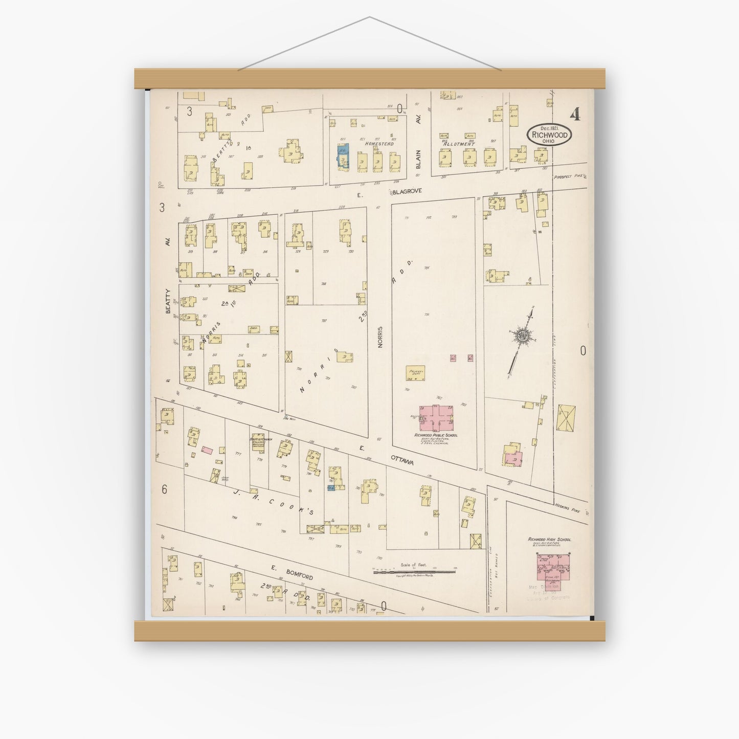 Old map wall art mockup — magnetic wood frame on white wall — Sanborn Fire Insurance Map from Richwood, Union County, Ohio (1921), Sheet #0004