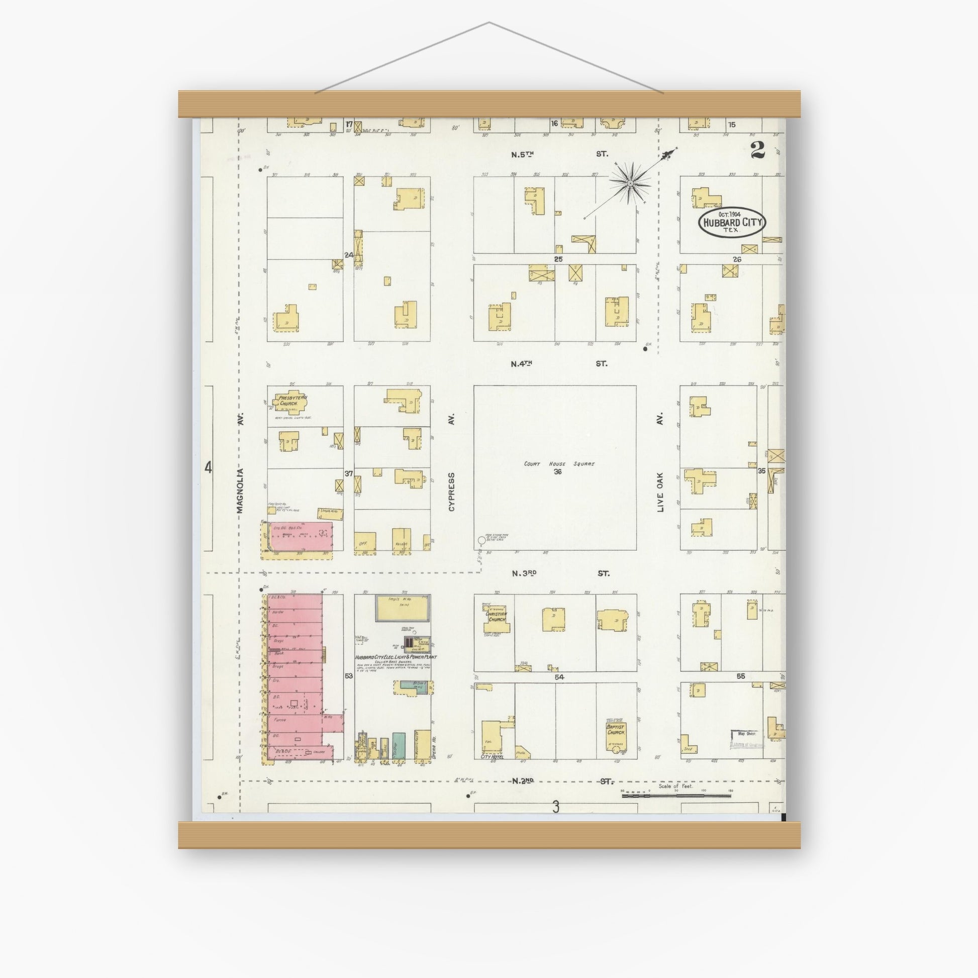 Old map wall art mockup — magnetic wood frame on white wall — Sanborn Fire Insurance Map from Hubbard, Hill County, Texas (1904), Sheet #0002