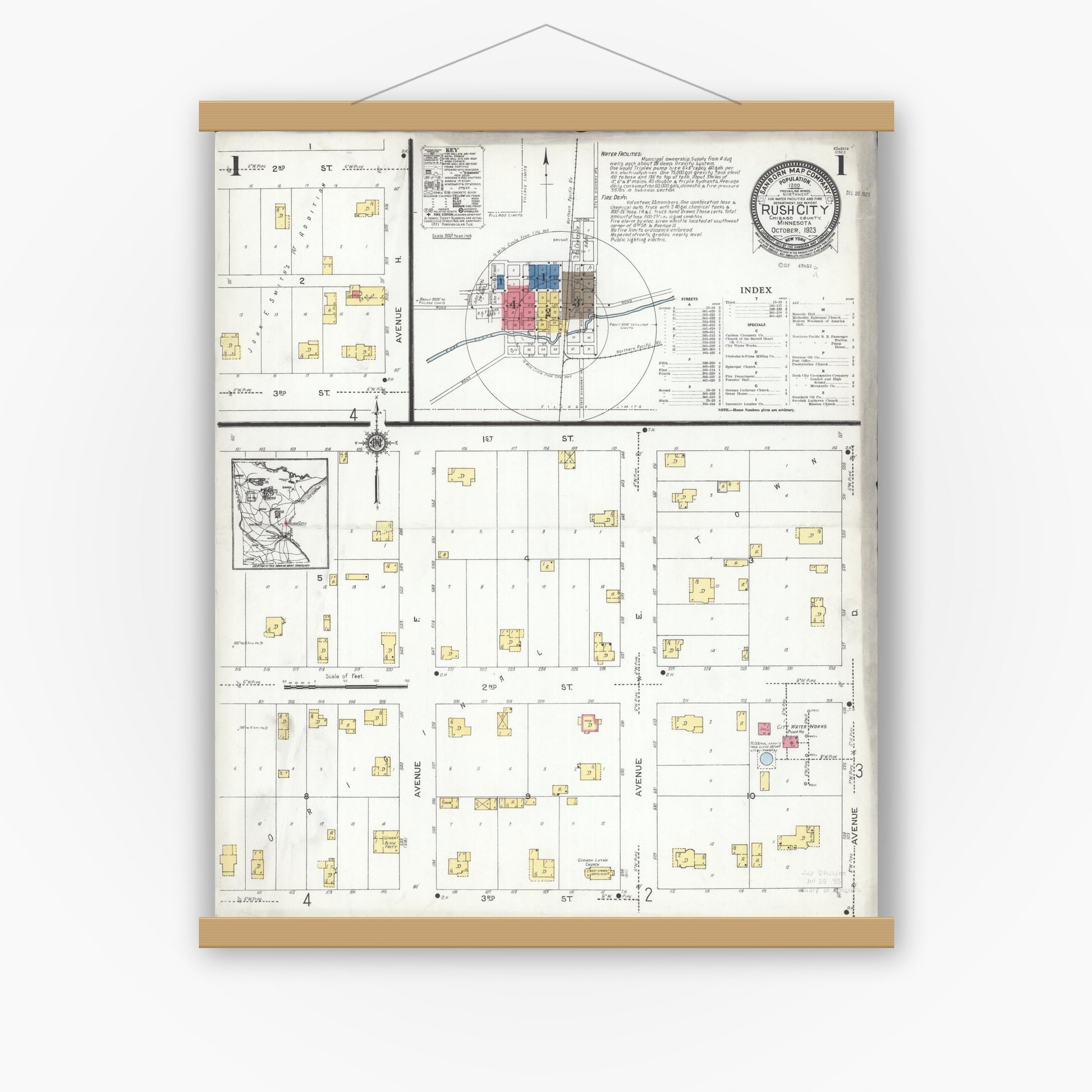 Old map wall art mockup — magnetic wood frame on white wall — Sanborn Fire Insurance Map from Rush City, Chisago County, Minnesota (1923) - Complete Map Set