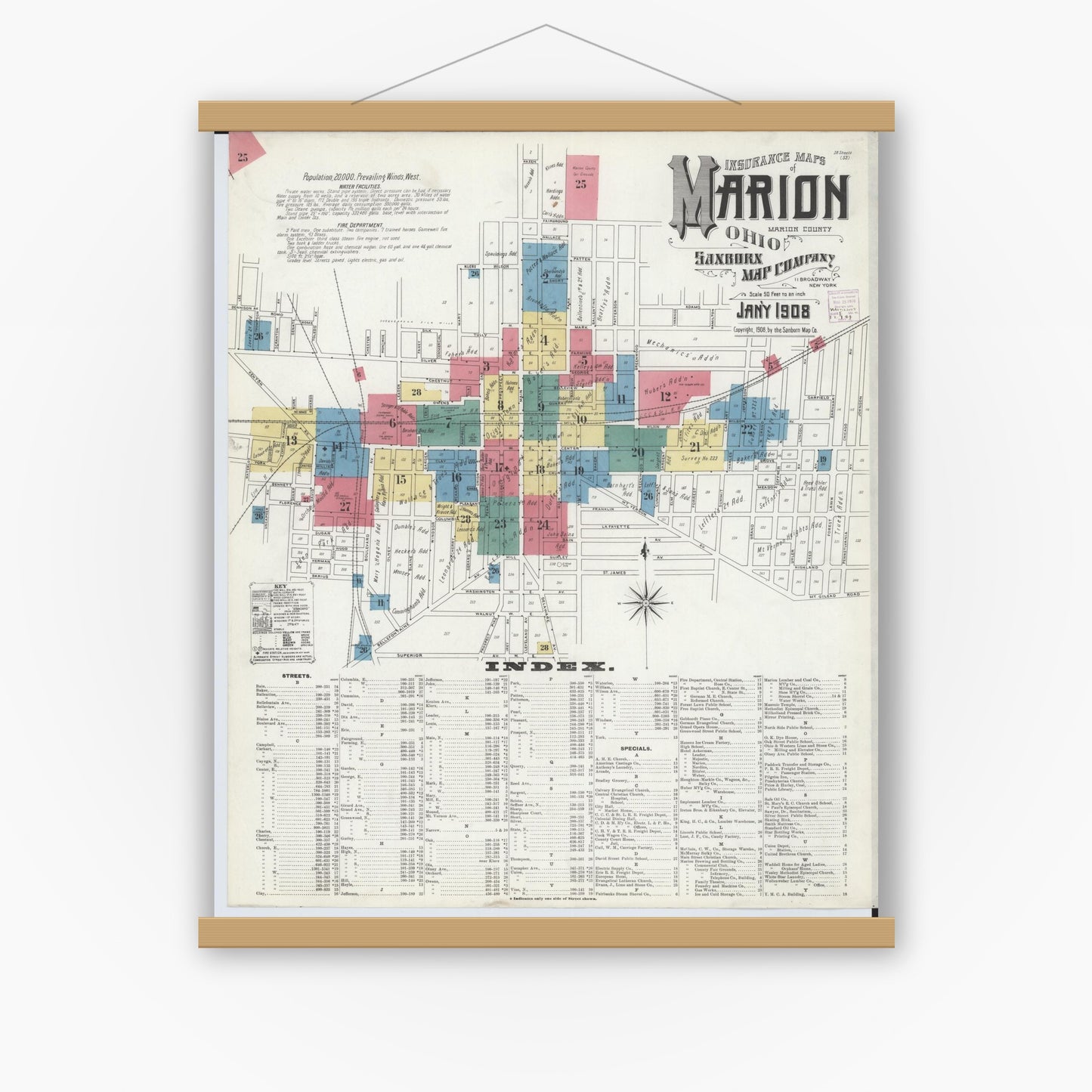 Old map wall art mockup — magnetic wood frame on white wall — Sanborn Fire Insurance Map from Marion, Marion County, Ohio (1908) - Complete Map Set