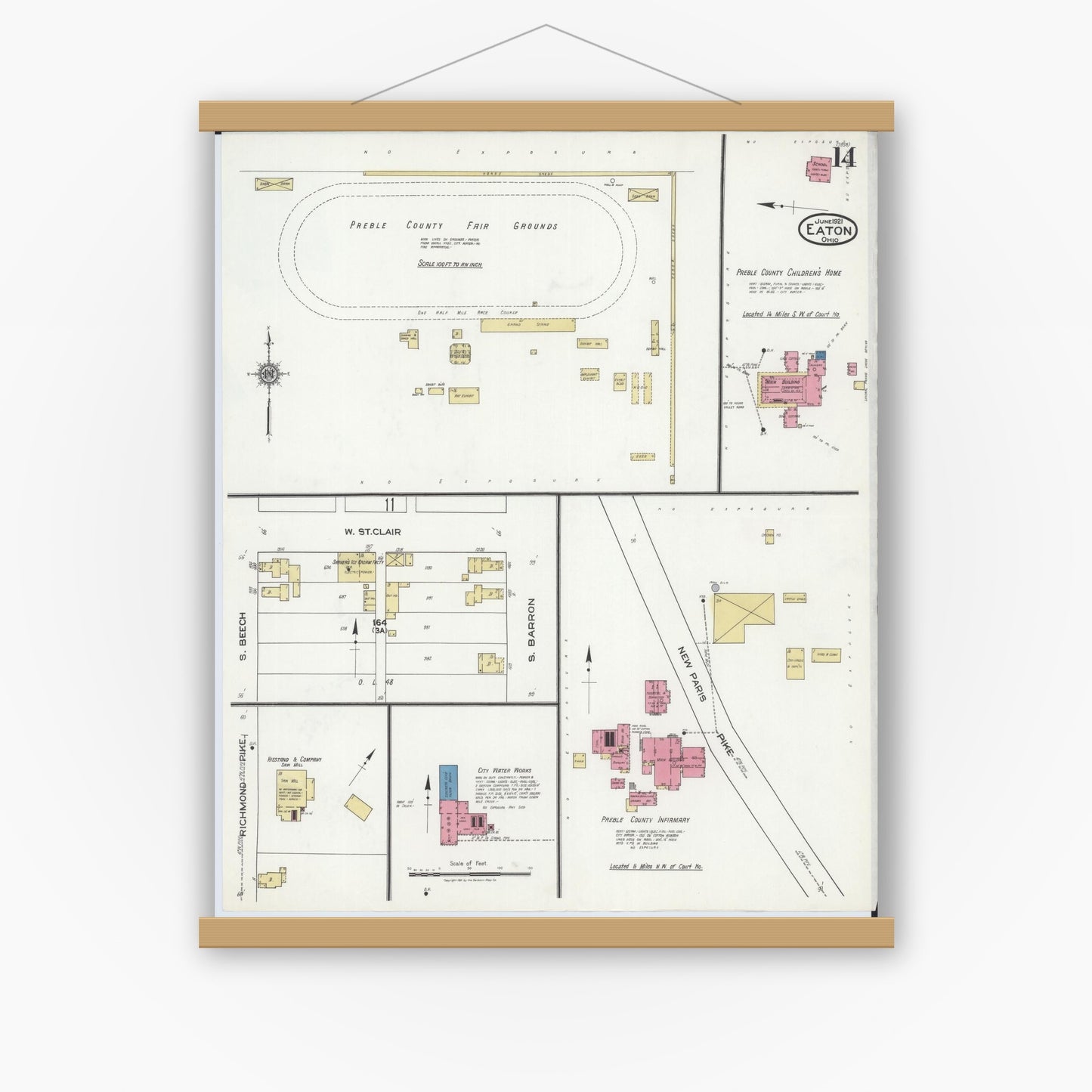 Old map wall art mockup — magnetic wood frame on white wall — Sanborn Fire Insurance Map from Eaton, Preble County, Ohio (1921), Sheet #0014