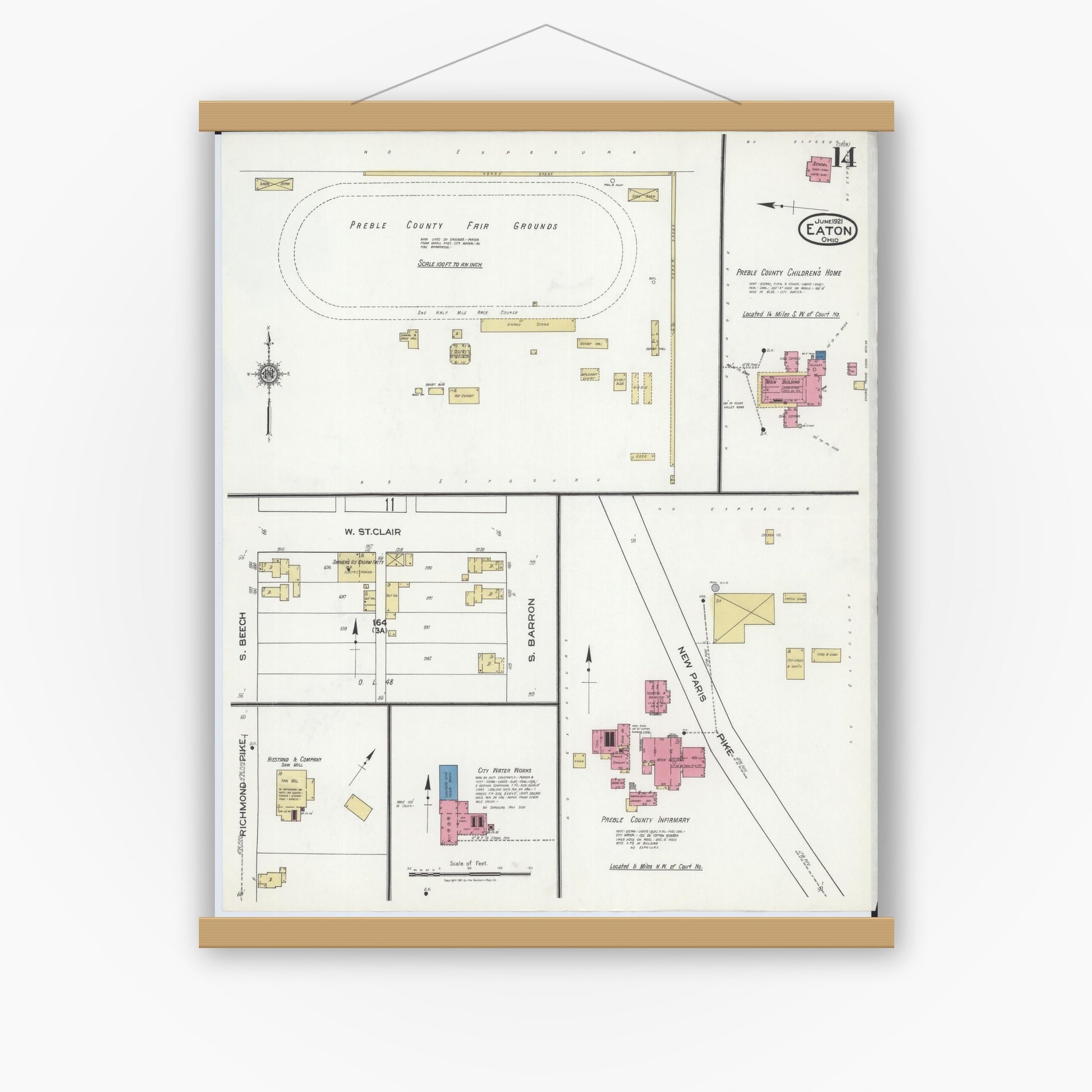 Old map wall art mockup — magnetic wood frame on white wall — Sanborn Fire Insurance Map from Eaton, Preble County, Ohio (1921), Sheet #0014