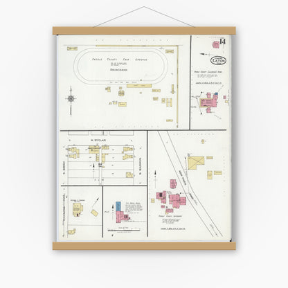 Old map wall art mockup — magnetic wood frame on white wall — Sanborn Fire Insurance Map from Eaton, Preble County, Ohio (1921), Sheet #0014