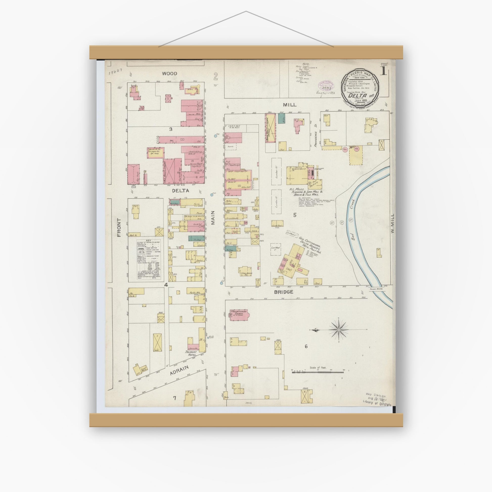 Old map wall art mockup — magnetic wood frame on white wall — Sanborn Fire Insurance Map from Delta, Fulton County, Ohio (1893) - Complete Map Set