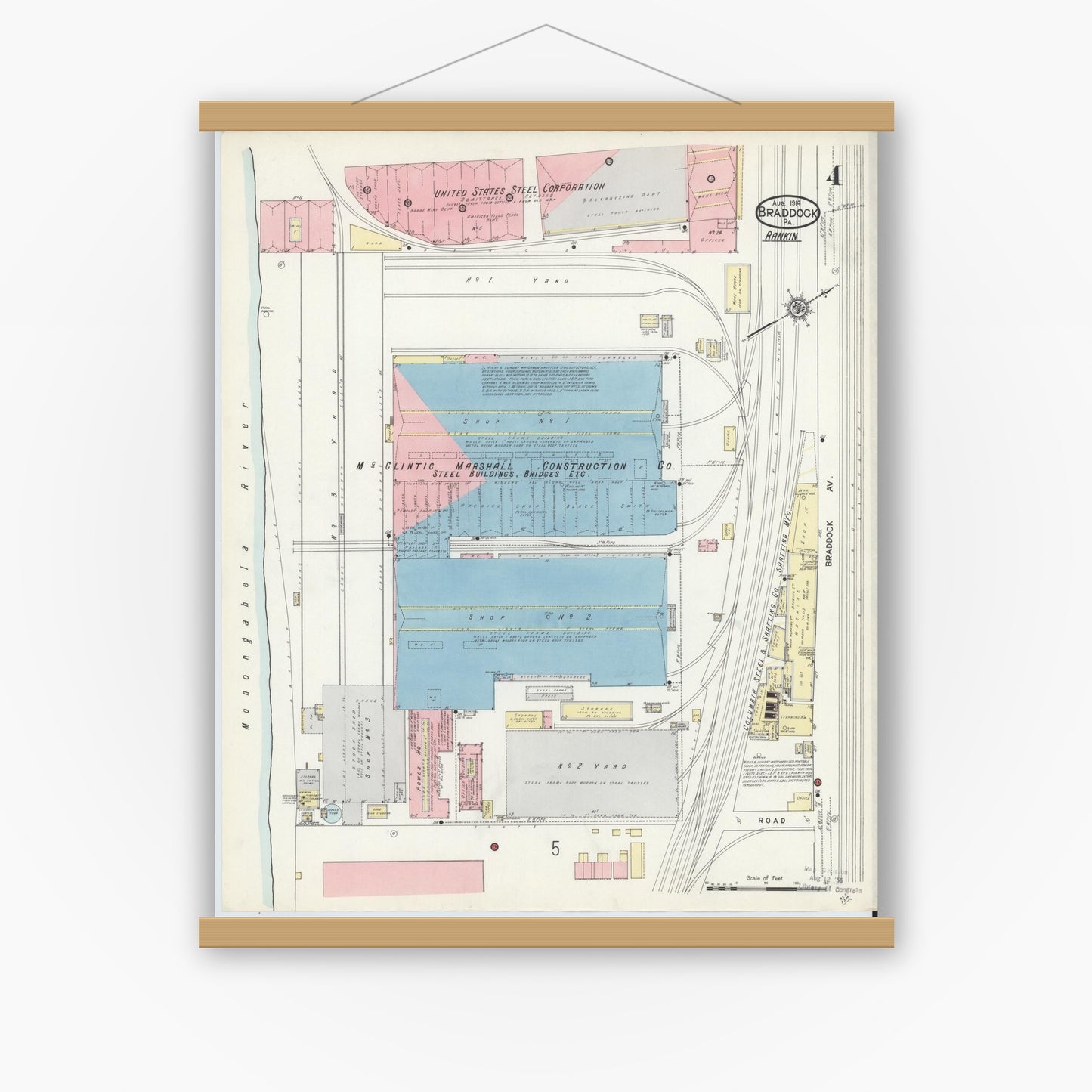 Old map wall art mockup — magnetic wood frame on white wall — Sanborn Fire Insurance Map from Braddock, Allegheny County, Pennsylvania (1914), Sheet #0004