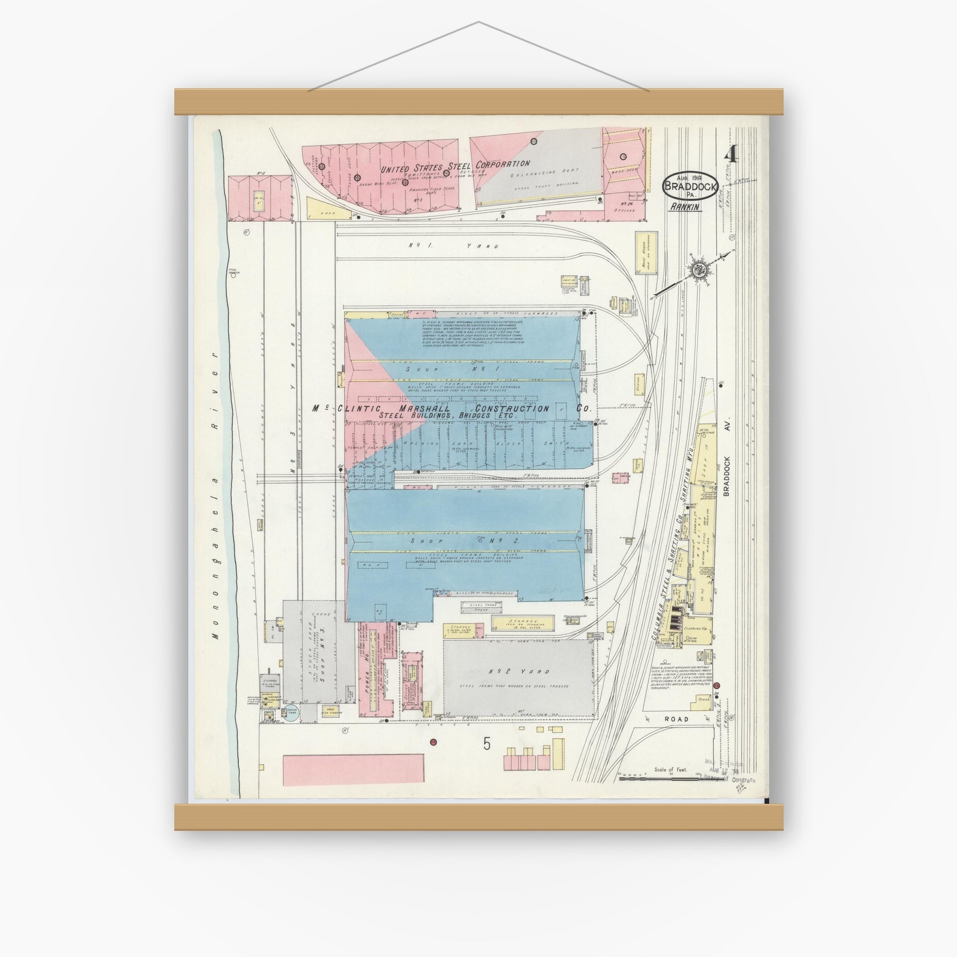 Old map wall art mockup — magnetic wood frame on white wall — Sanborn Fire Insurance Map from Braddock, Allegheny County, Pennsylvania (1914), Sheet #0004