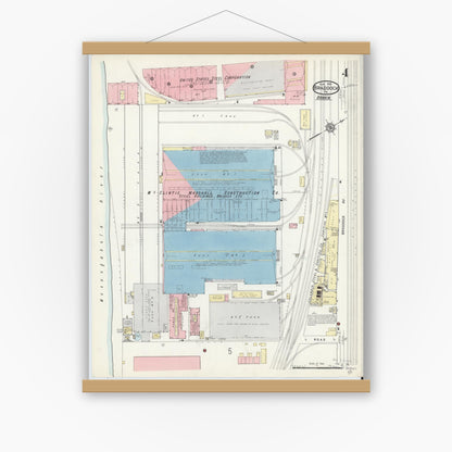 Old map wall art mockup — magnetic wood frame on white wall — Sanborn Fire Insurance Map from Braddock, Allegheny County, Pennsylvania (1914), Sheet #0004