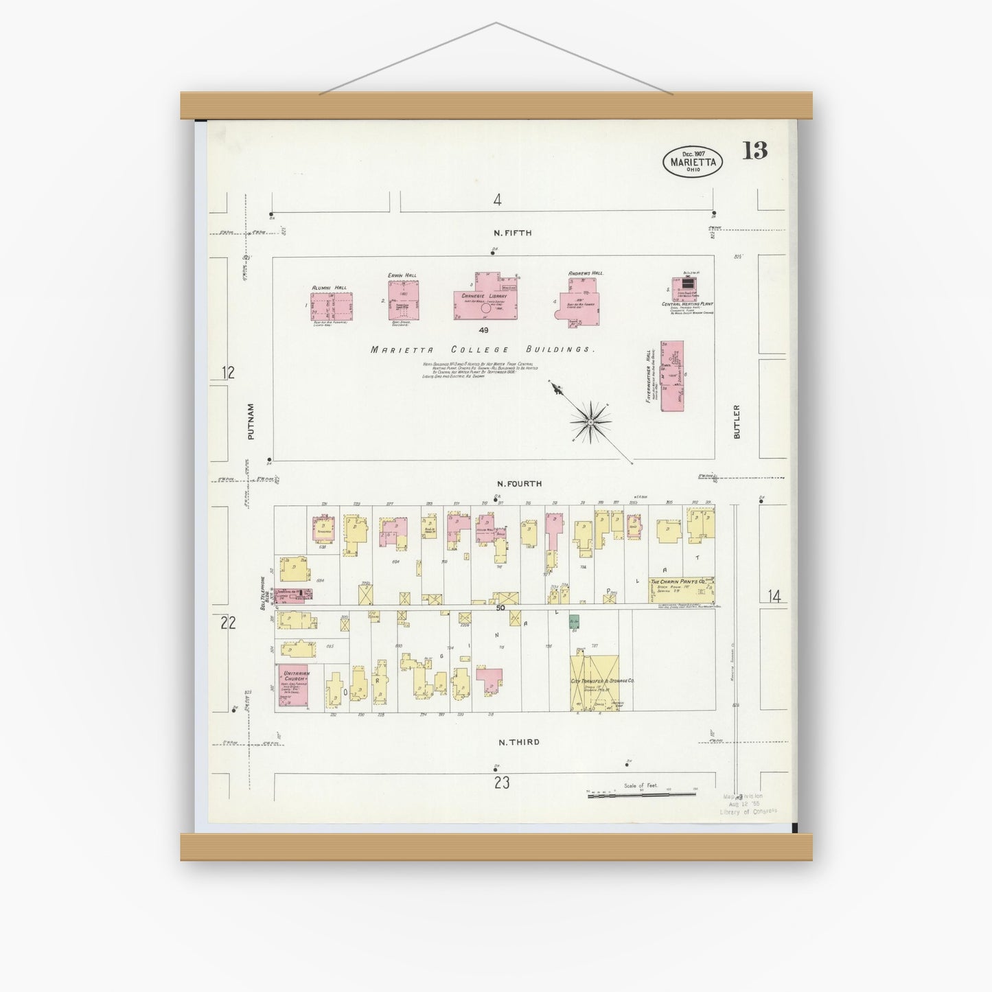 Old map wall art mockup — magnetic wood frame on white wall — Sanborn Fire Insurance Map from Marietta, Washington County, Ohio (1907), Sheet #0013