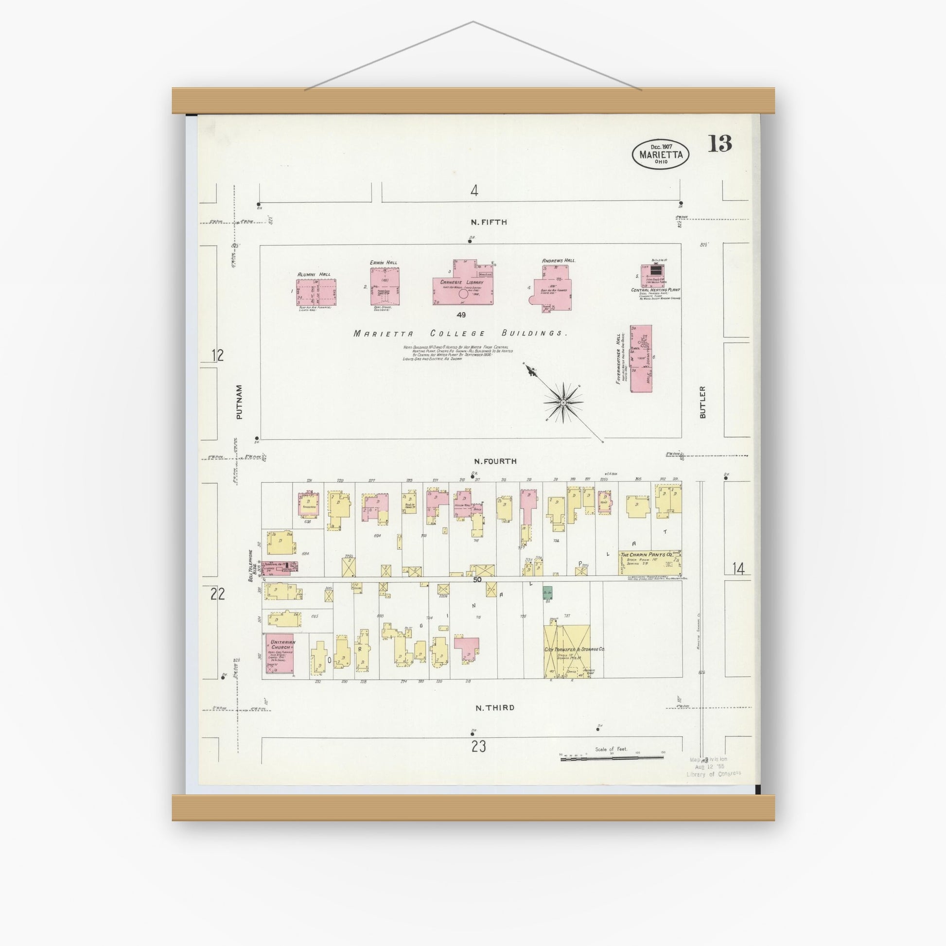 Old map wall art mockup — magnetic wood frame on white wall — Sanborn Fire Insurance Map from Marietta, Washington County, Ohio (1907), Sheet #0013