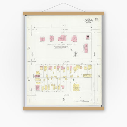 Old map wall art mockup — magnetic wood frame on white wall — Sanborn Fire Insurance Map from Marietta, Washington County, Ohio (1907), Sheet #0013