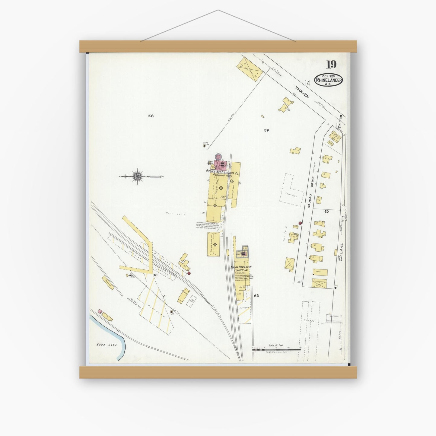 Old map wall art mockup — magnetic wood frame on white wall — Sanborn Fire Insurance Map from Rhinelander, Oneida County, Wisconsin (1920), Sheet #0019