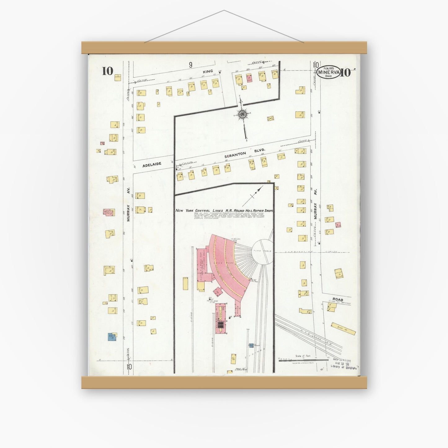 Old map wall art mockup — magnetic wood frame on white wall — Sanborn Fire Insurance Map from Minerva, Stark And Carroll Counties, Ohio (1925), Sheet #0010