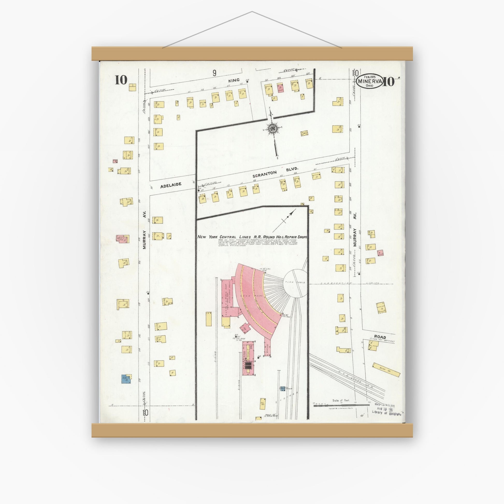 Old map wall art mockup — magnetic wood frame on white wall — Sanborn Fire Insurance Map from Minerva, Stark And Carroll Counties, Ohio (1925), Sheet #0010