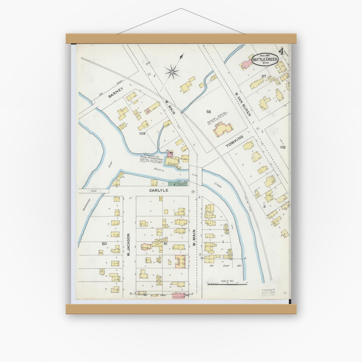 Old map wall art mockup — magnetic wood frame on white wall — Sanborn Fire Insurance Map from Battle Creek, Calhoun County, Michigan (1892), Sheet #0004